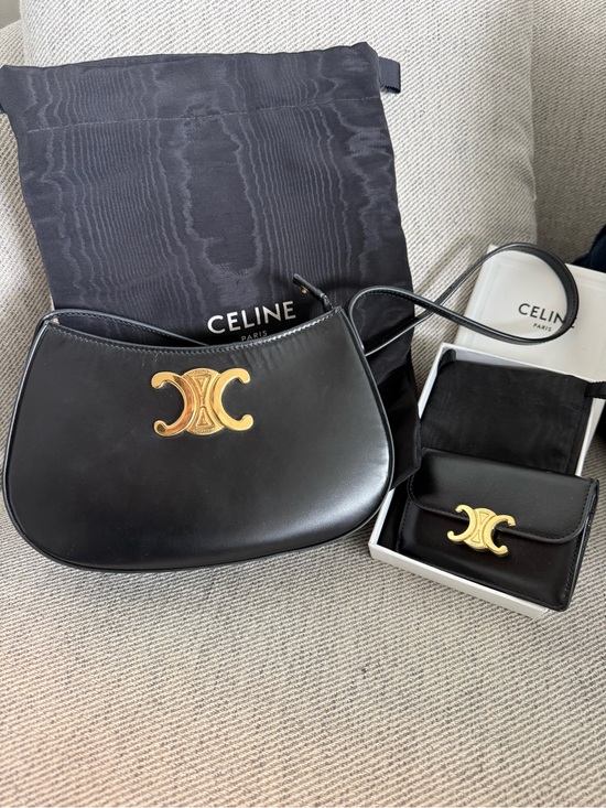 Celine Handbags - CELINE Black Triomphe Tilly Smooth Leather Shoulder Bag and Celine Wallet Bundle
